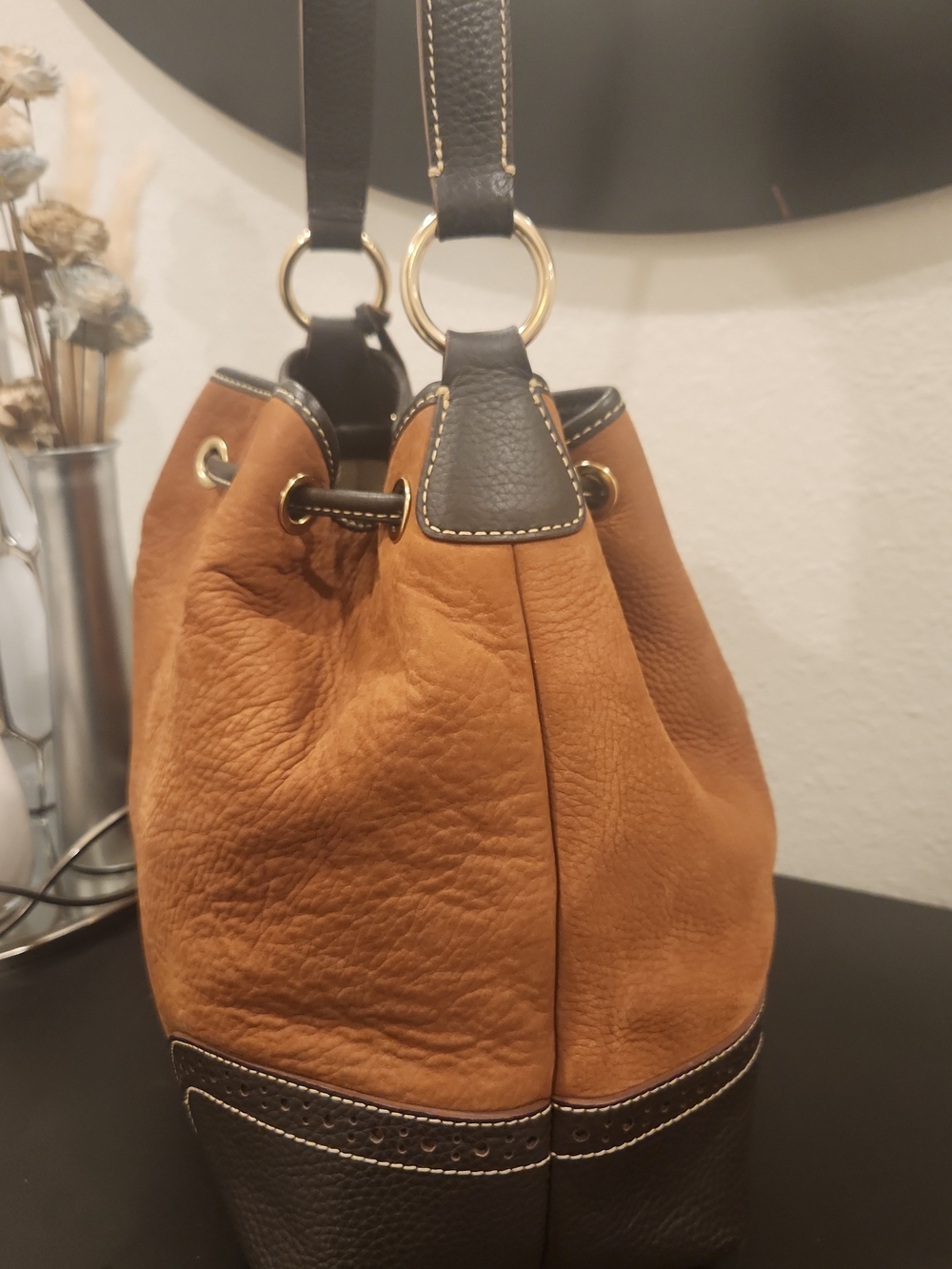 Dooney & Bourke Two-Tone Tan and Dark Brown Leather Drawstring Hobo - Picture 3 of 8